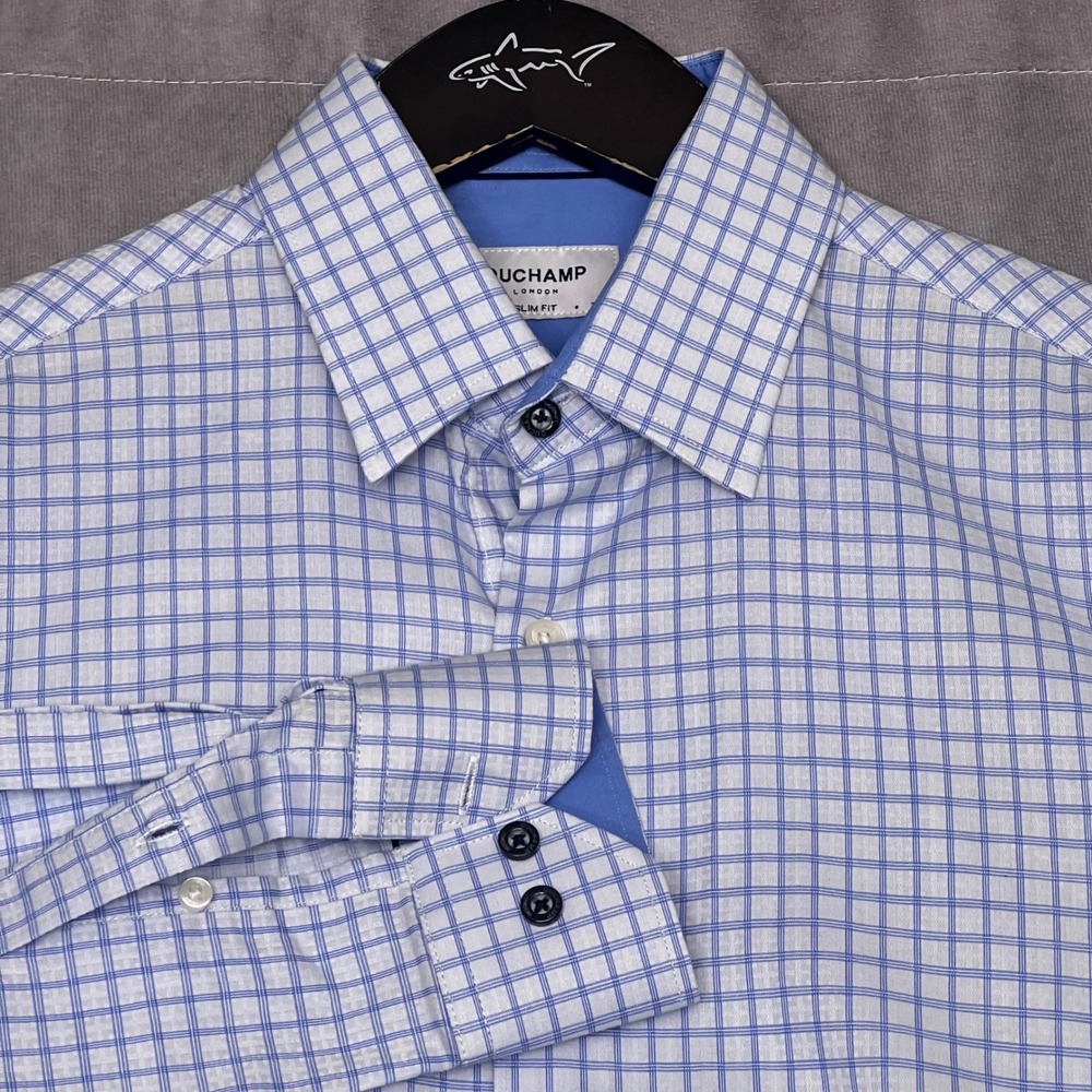 Duchamp London Dress Shirt Mens 15.5 M Blue White Slim Fit Windowpane Excellent